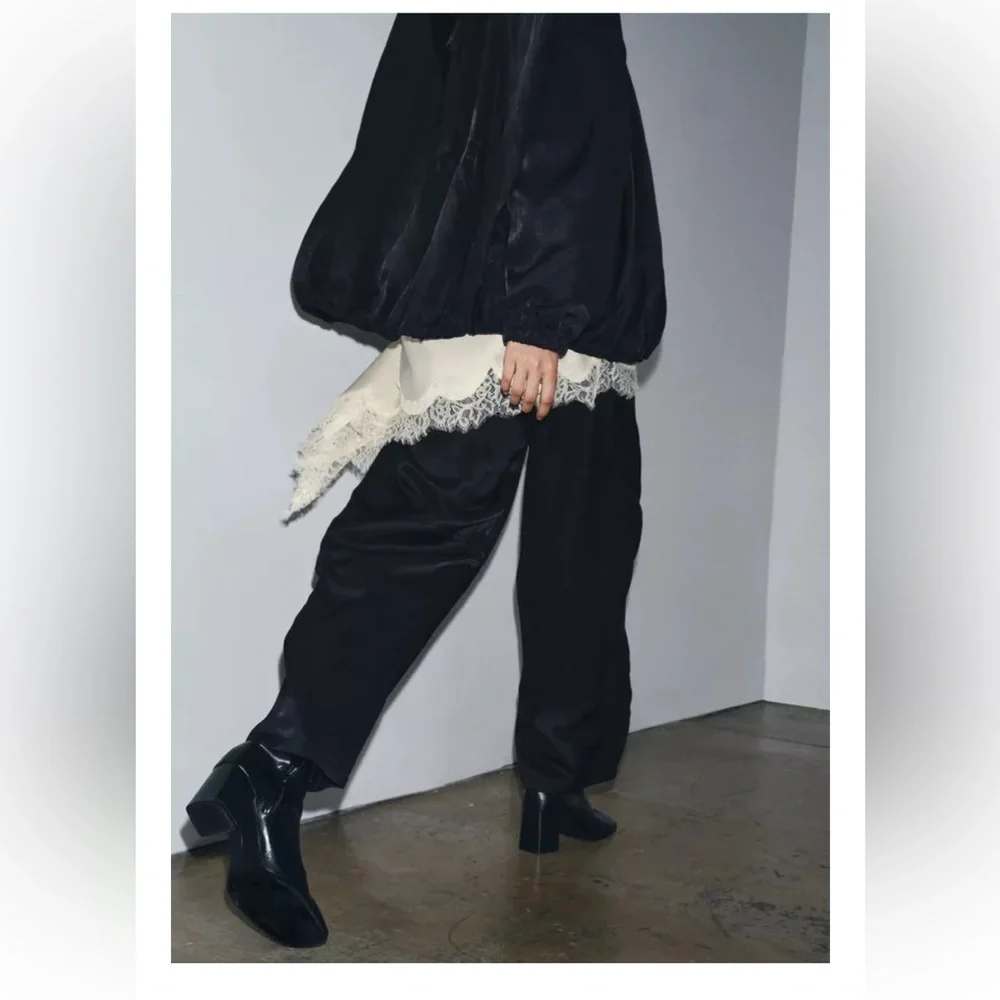 Zara ZW COLLECTION FLOWY PANTS linen blend black Sz XL - Picture 6 of 14